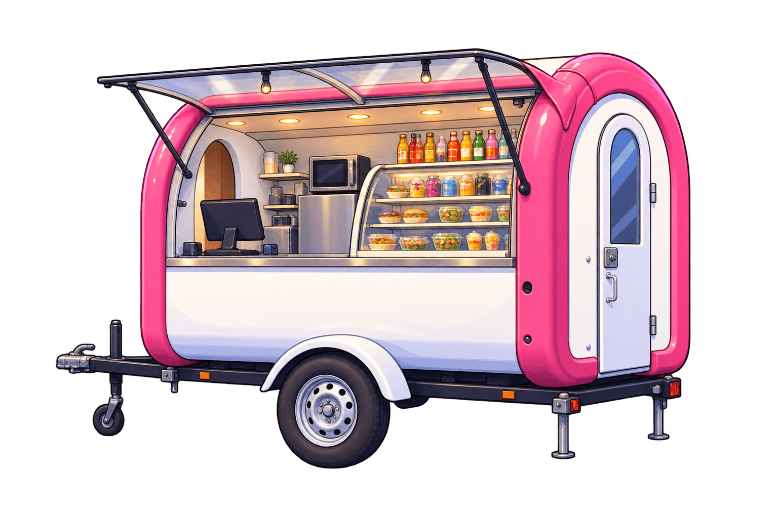 La food-roulotte O’ptigrain, kiosque blanc et rose ouvert sur son comptoir garni.