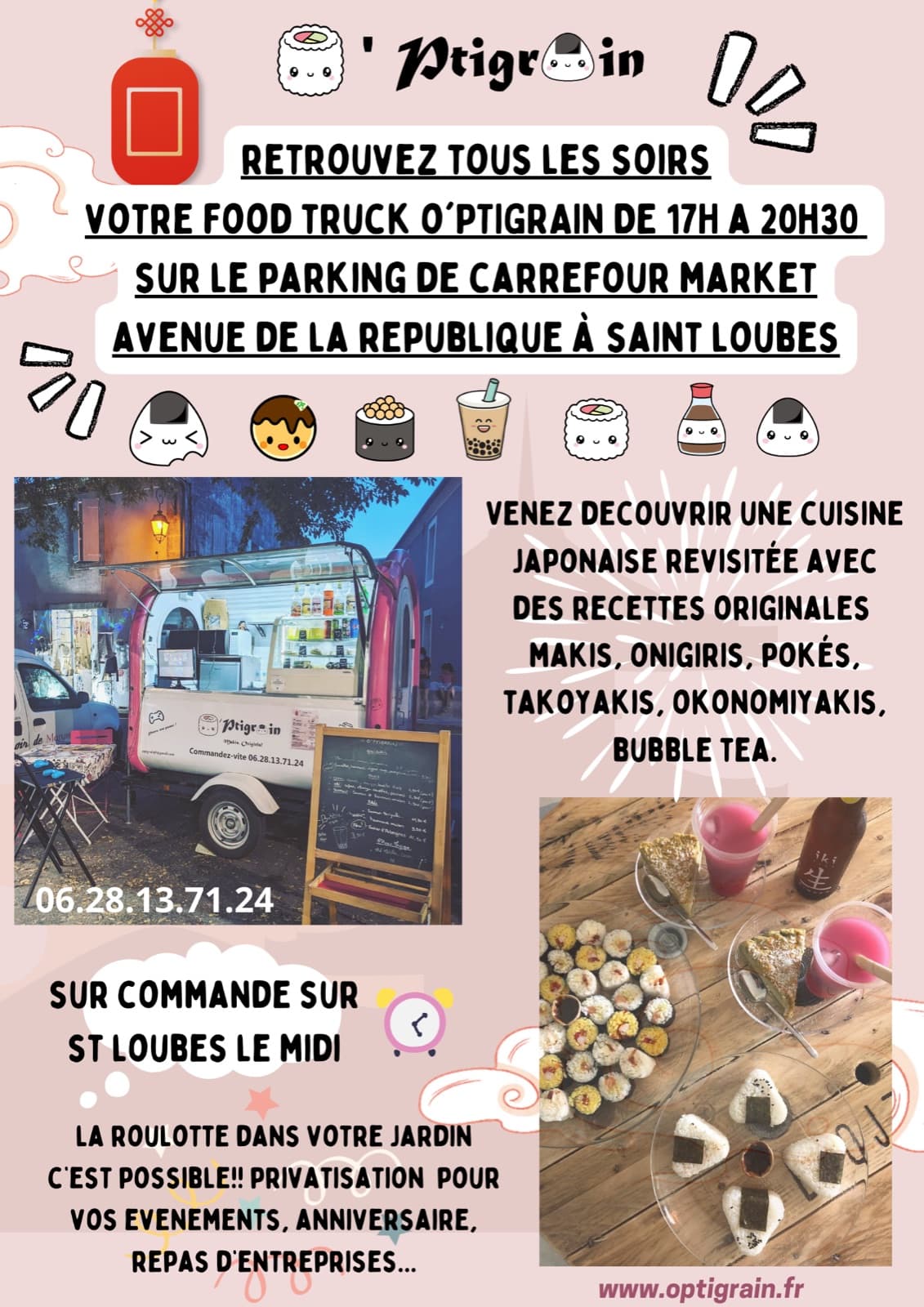 Flyer annonçant le food truck O’ptigrain tous les soirs sur le parking de Carrefour Market à Saint-Loubès, avec des photos de makis, d’onigiris et de bubble tea.