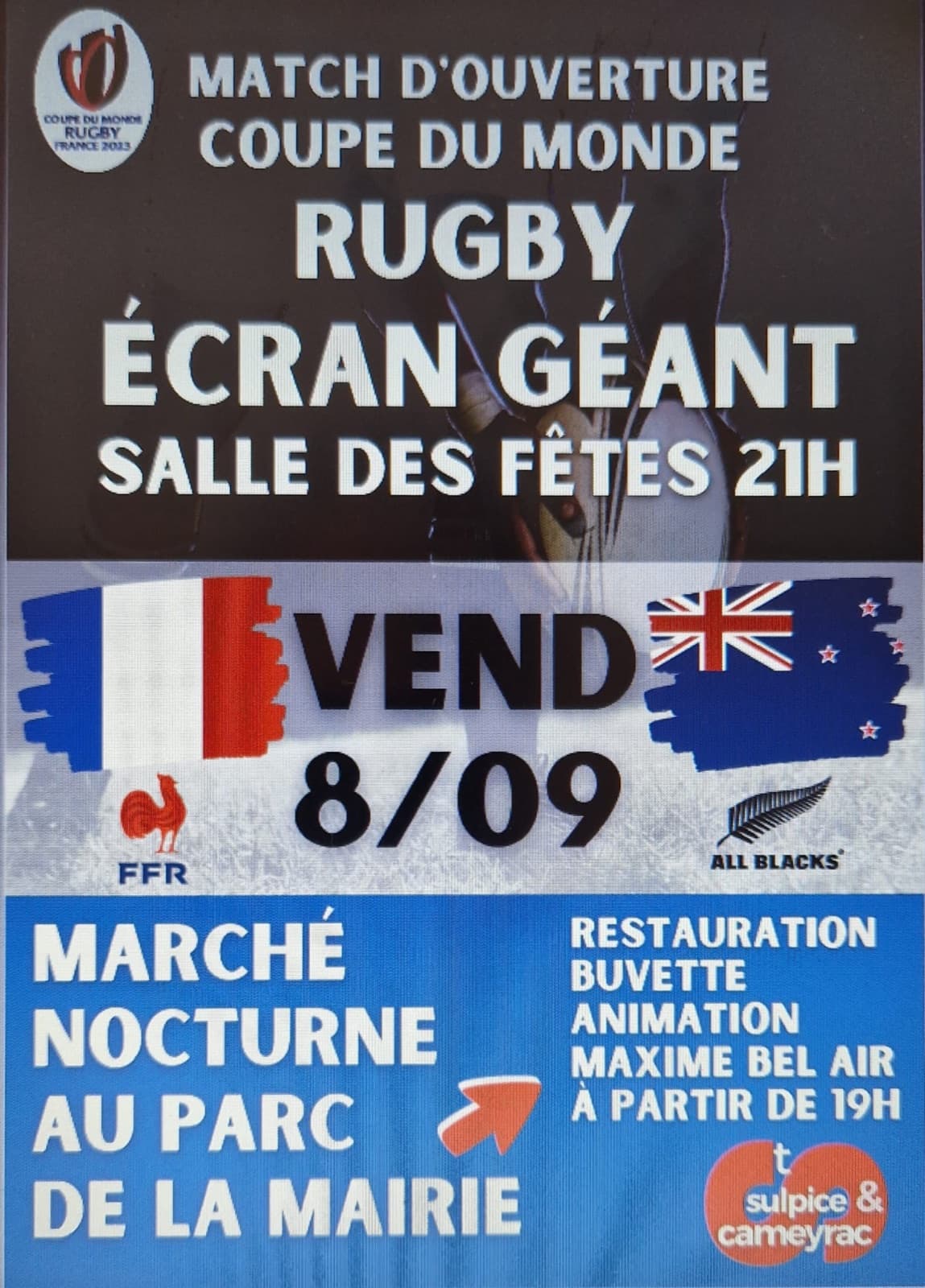 Affiche du marché nocturne au parc de la mairie de Saint-Sulpice-et-Cameyrac, le vendredi 8 septembre, avec le match d’ouverture de la Coupe du monde de rugby sur écran géant.