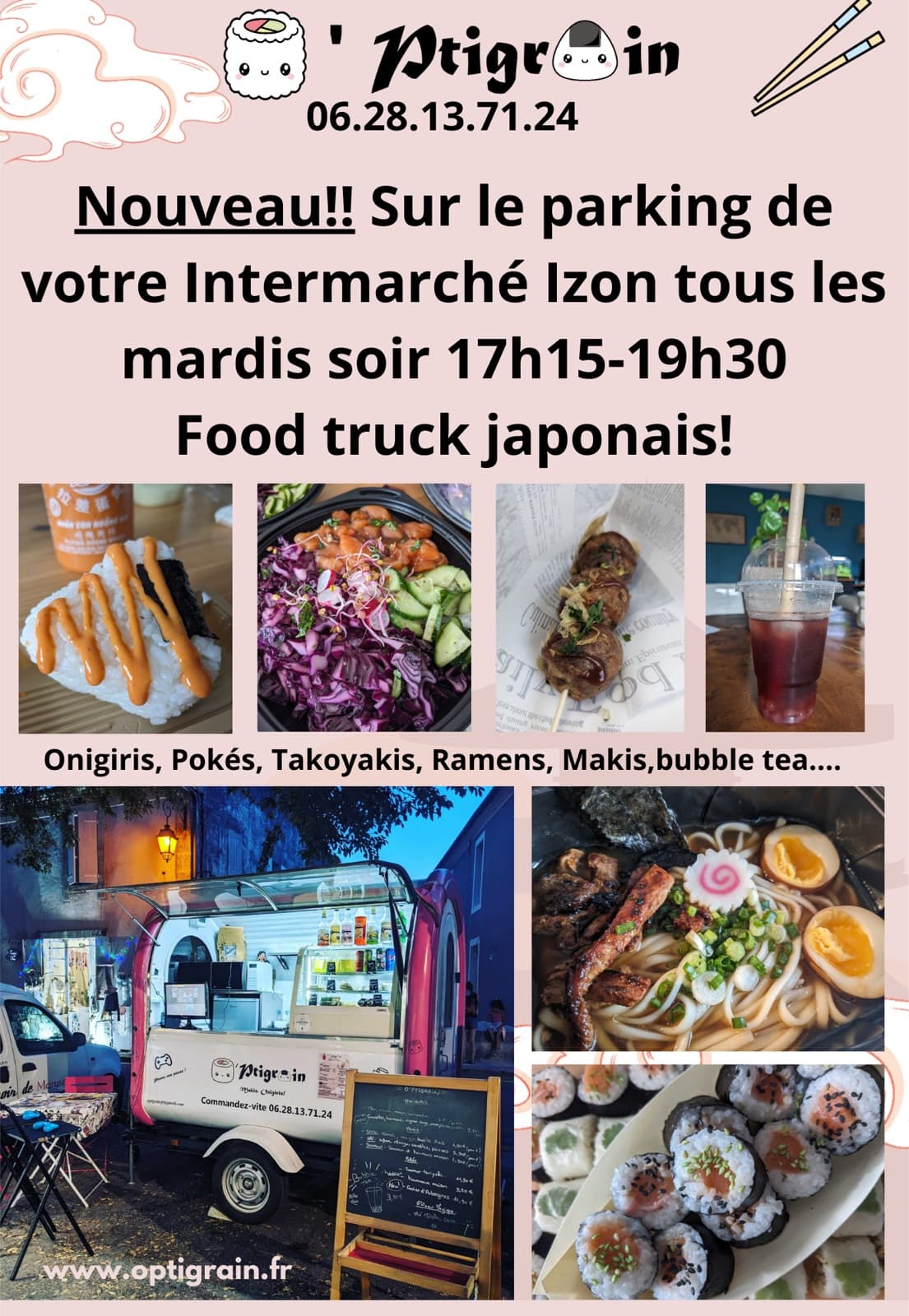Flyer annonçant la présence du food truck japonais tous les mardis soir sur le parking de l’Intermarché d’Izon, avec des photos d’onigiris, de pokés, de takoyakis et de bubble tea.