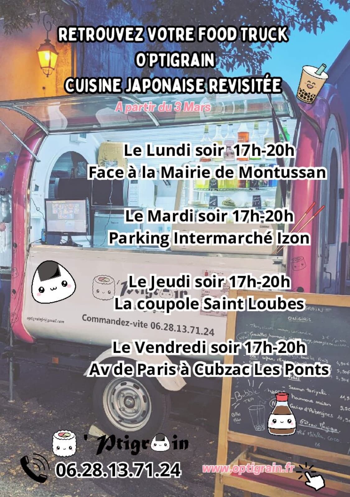 Flyer 2025 : la roulotte O’ptigrain éclairée le soir, avec la liste des emplacements de la semaine.