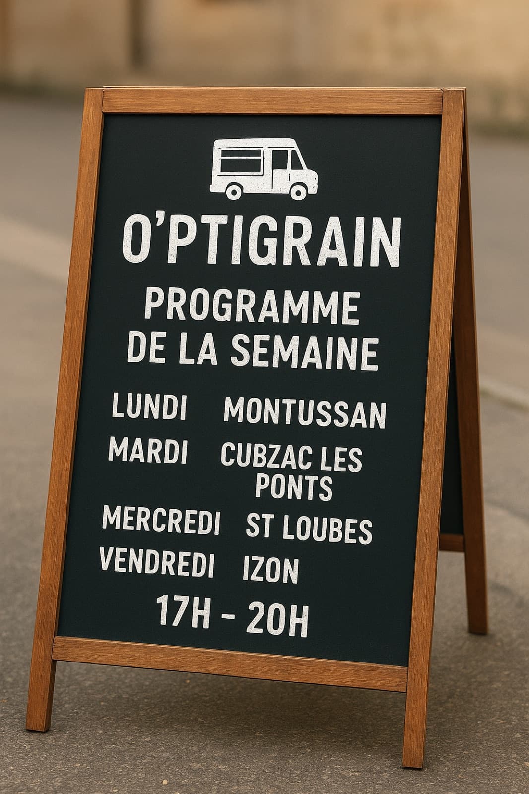Chevalet en bois posé sur le trottoir annonçant à la craie le programme de la semaine du O’ptigrain, de 17 h à 20 h.