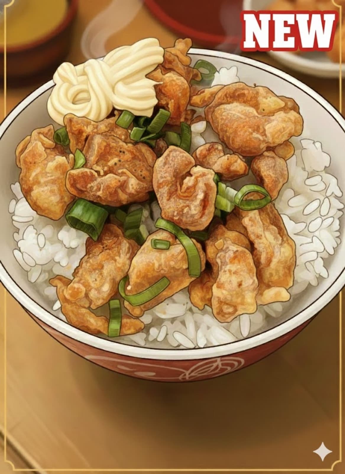 Bol de karaage : morceaux de poulet frit dorés sur un lit de riz, parsemés de cébette, avec une touche de mayonnaise.