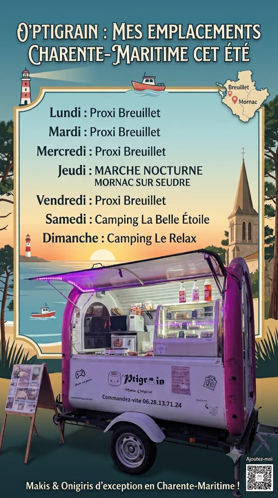 Affiche des emplacements du O’ptigrain en Charente-Maritime pour l’été : la roulotte rose devant un coucher de soleil sur la mer, avec le programme de la semaine.
