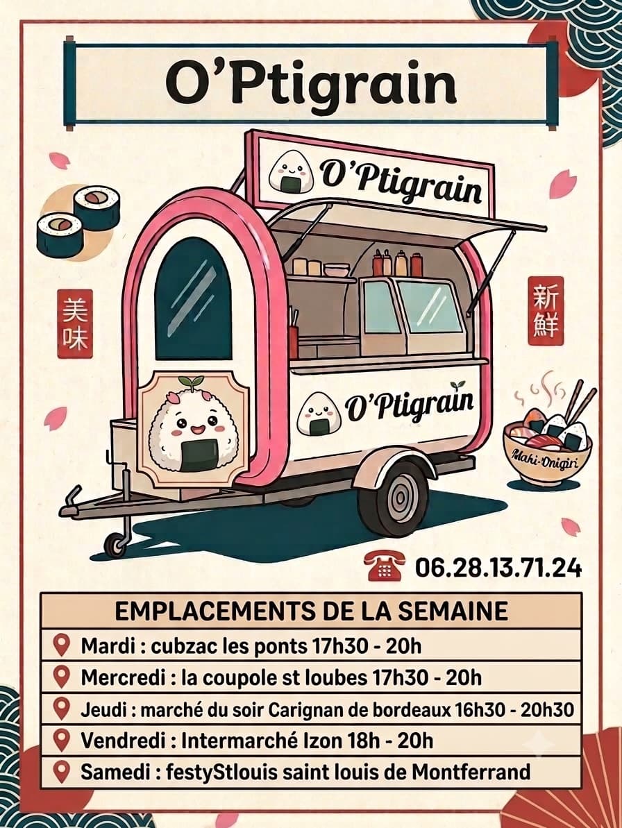 Affiche des emplacements de la semaine du O’Ptigrain : la roulotte rose dessinée en style manga, le numéro 06 28 13 71 24 et le planning du mardi au samedi.
