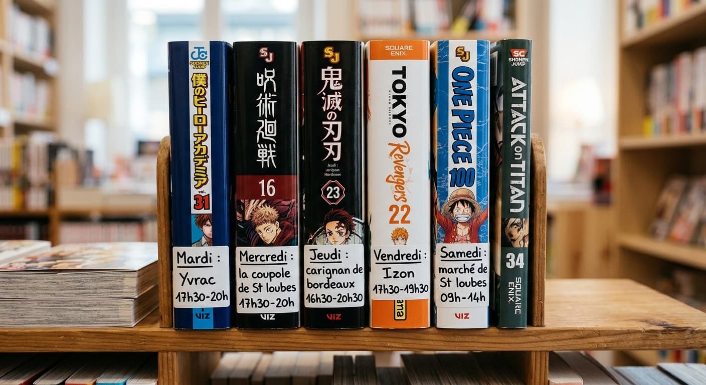Six tomes de manga alignés sur une étagère de librairie, chacun étiqueté d’un jour et d’un emplacement : mardi à Yvrac, mercredi à La Coupole de Saint-Loubès, jeudi à Carignan-de-Bordeaux, vendredi à Izon, samedi au marché de Saint-Loubès, avec leurs horaires.