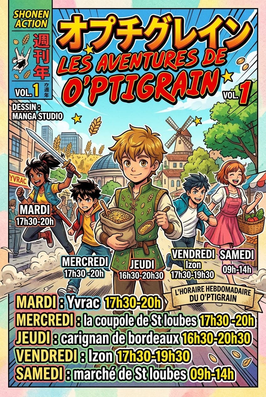 Affiche manga « Les aventures de O’ptigrain » : un garçon portant un sac de riz court avec ses amis devant un moulin. En bas, l’horaire de la semaine : mardi à Yvrac de 17 h 30 à 20 h, mercredi à La Coupole de Saint-Loubès de 17 h 30 à 20 h, jeudi à Carignan-de-Bordeaux de 16 h 30 à 20 h 30, vendredi à Izon de 17 h 30 à 19 h 30, samedi au marché de Saint-Loubès de 9 h à 14 h.