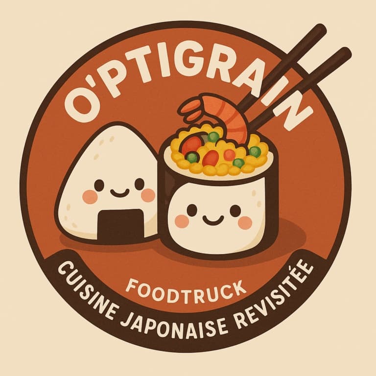 Logo rond du O’ptigrain : un onigiri et un maki, avec la mention « foodtruck — cuisine japonaise revisitée ».
