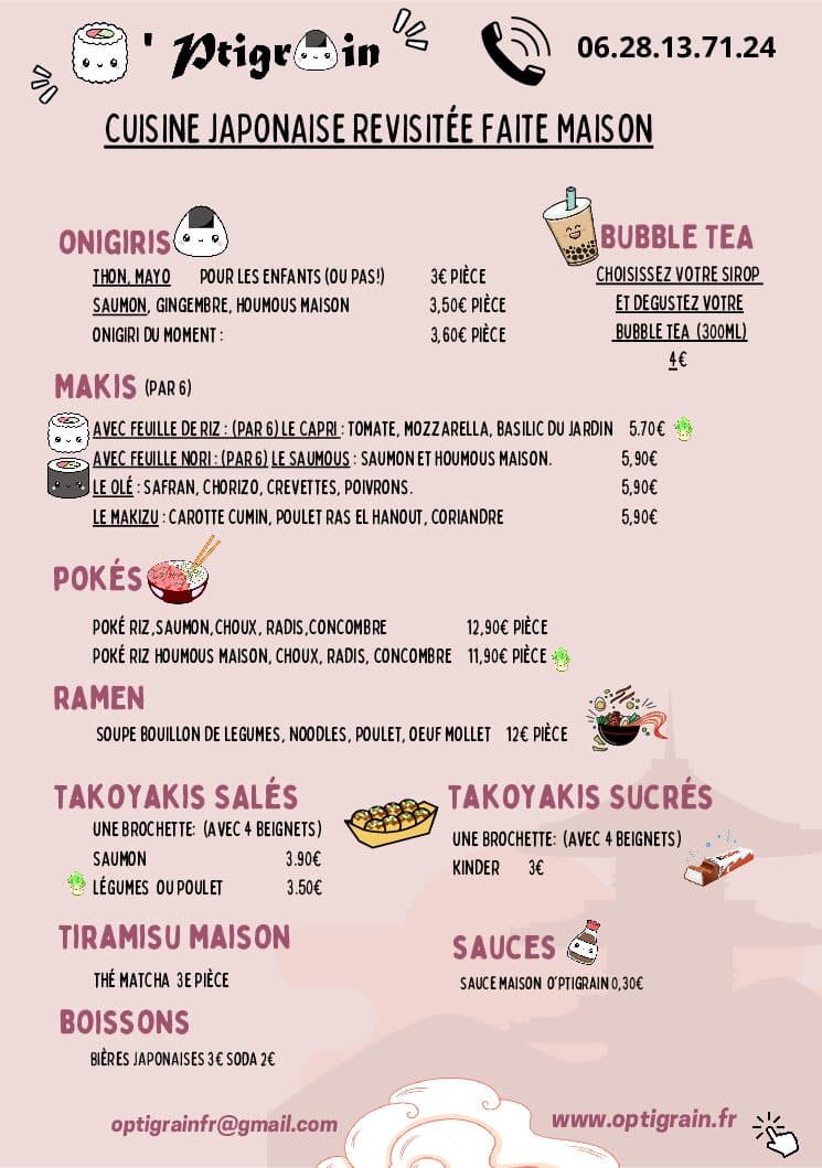 Le menu 2026 du O’ptigrain tel qu’affiché sur la roulotte, listant onigiris, makis, pokés, ramen, takoyakis, tiramisu, bubble tea, sauces et boissons avec leurs prix.
